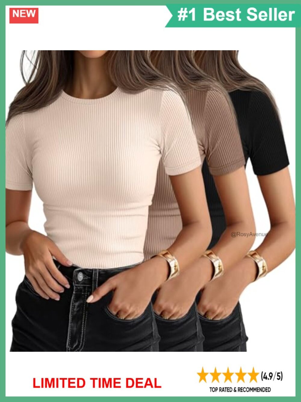 3 Pack Ribbed Cotton Slim Fit Crew Neck Short Sleeve T-Shirts